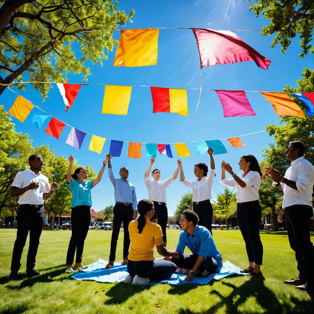 A dynamic team of diverse individuals engaged in various transformative activities, showcasing collaboration and growth. Visualize a vibrant outdoor setting with a mix of workshops, brainstorming sessions, and team-building exercises. Include elements like colorful flags, equipment for activities, and enthusiastic expressions of teamwork. The background should reflect a sunny day with clear skies to symbolize positivity and empowerment. super-realistic. vibrant colors.