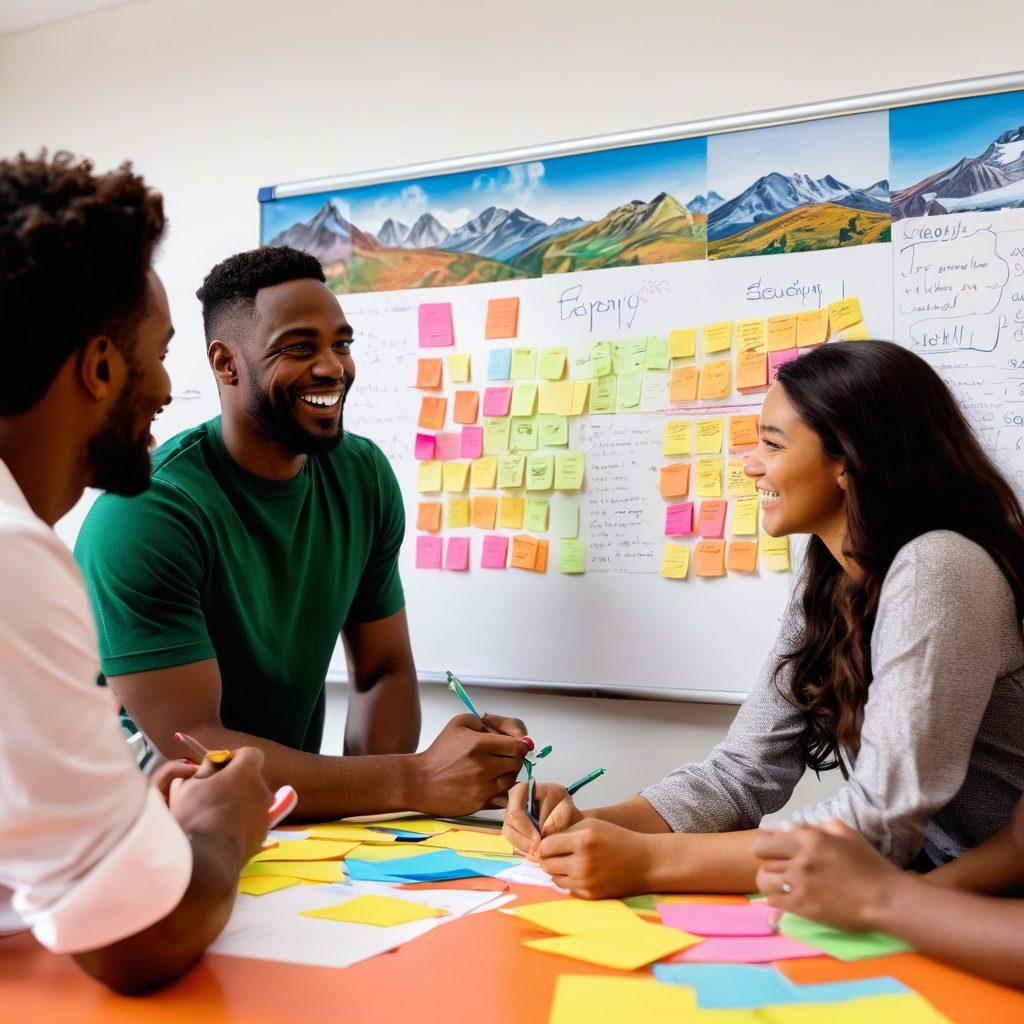 A vibrant team huddled together, showcasing diverse individuals from various backgrounds, all beaming with joy and enthusiasm while brainstorming ideas on a colorful whiteboard decorated with post-it notes. In the background, scenic Georgian landscapes subtly blend in, symbolizing unity and collaboration. The atmosphere is filled with energy and laughter, highlighting effective teamwork strategies. super-realistic. vibrant colors. 3D.