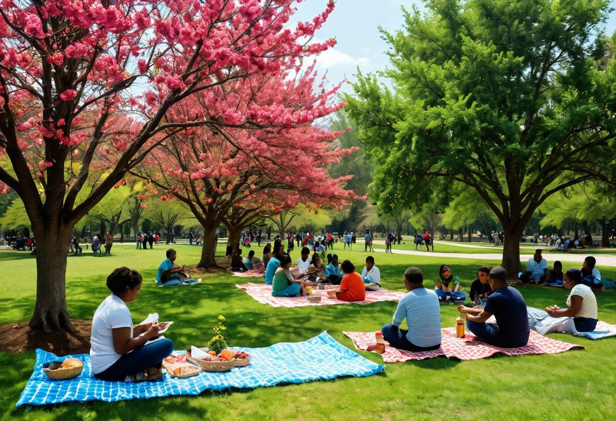 A vibrant community gathering in a picturesque Georgia park, showcasing diverse groups engaged in collaborative activities, such as planting trees and sharing ideas. Include a backdrop of peach trees in bloom and colorful picnic setups, symbolizing partnership and local spirit. Add cheerful expressions of participants, capturing a sense of unity and enthusiasm. bright colors. super-realistic. vibrant atmosphere.